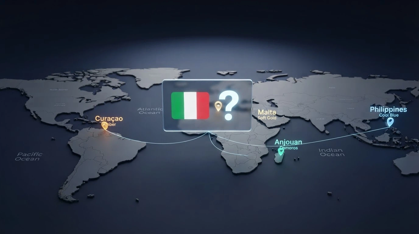 Una mappa stilizzata che mostra le giurisdizioni offshore (Curacao, Anjouan, Malta, Filippine) collegate da frecce a uno schermo con la bandiera italiana e un punto interrogativo