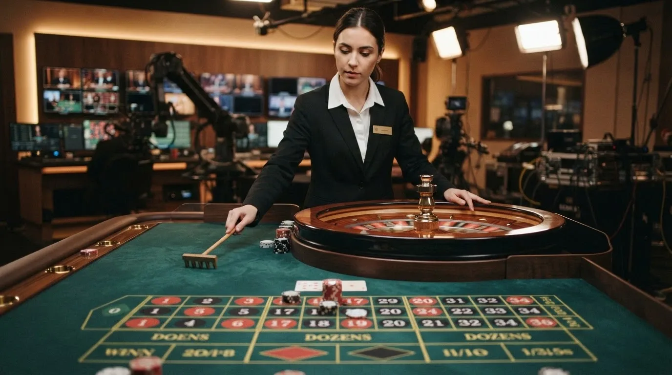 Un tavolo da roulette con croupier dal vivo in uno studio di registrazione professionale, con l'overlay di un simbolo «non disponibile in demo» per illustrare il limite della modalità gratuita