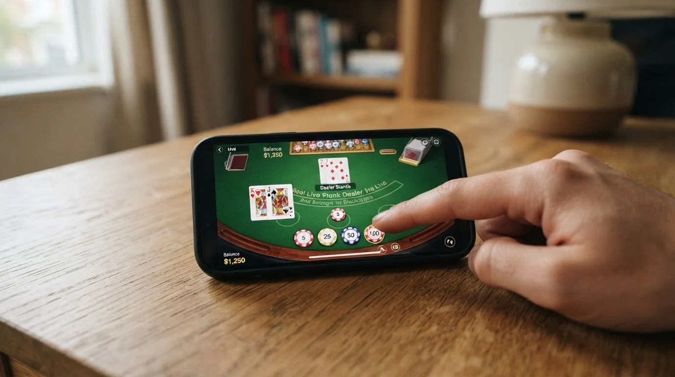 Uno smartphone che mostra un'interfaccia di casinò live con un tavolo di blackjack in streaming