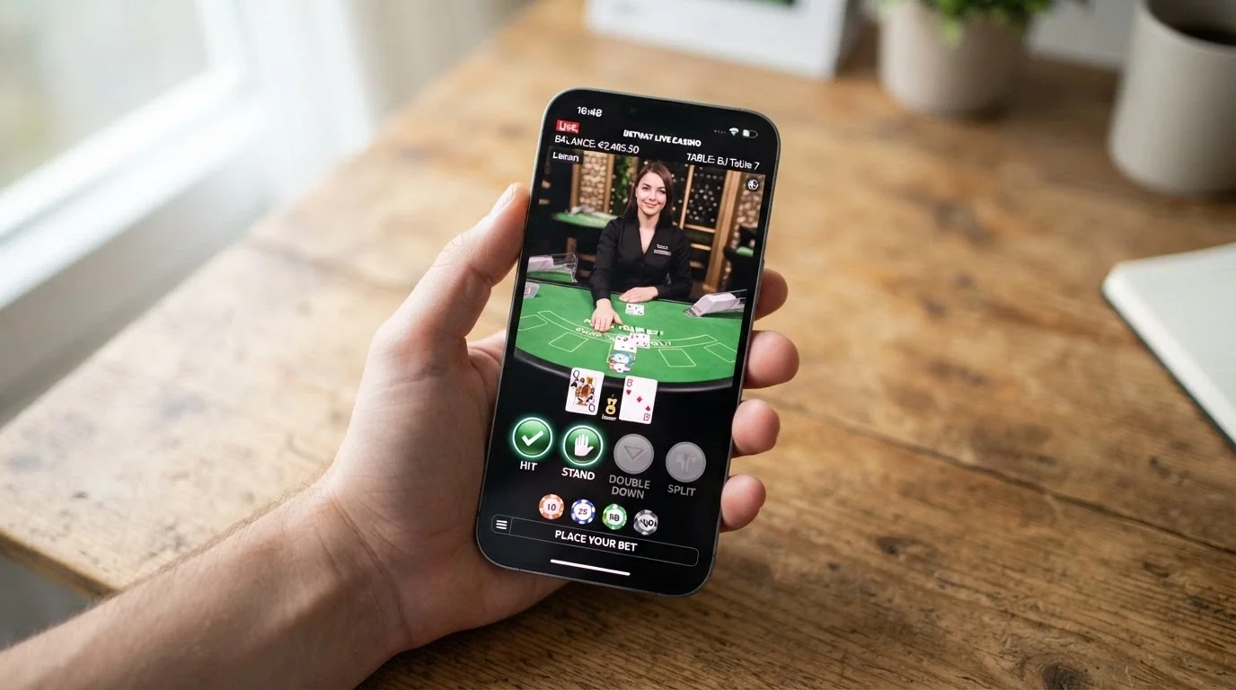 Uno smartphone in mano che mostra l'interfaccia di un casinò live dealer con un tavolo da blackjack in streaming e pulsanti di puntata