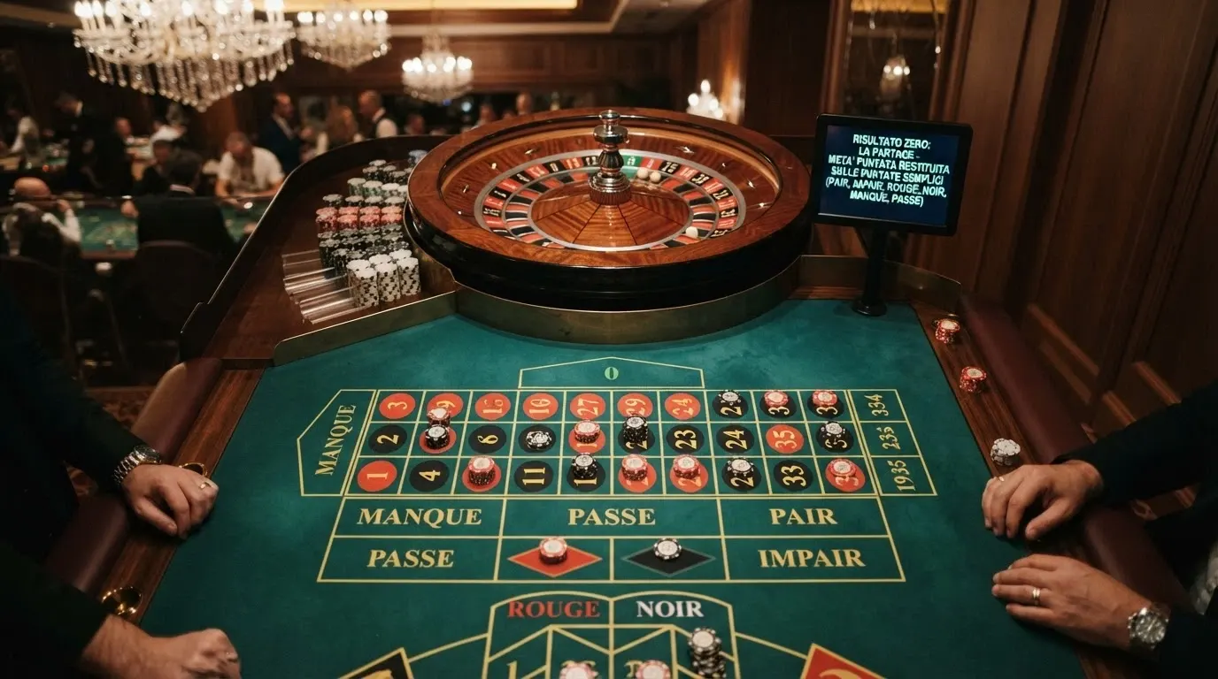 Un tavolo di French Roulette live con il dettaglio della regola La Partage sullo schermo