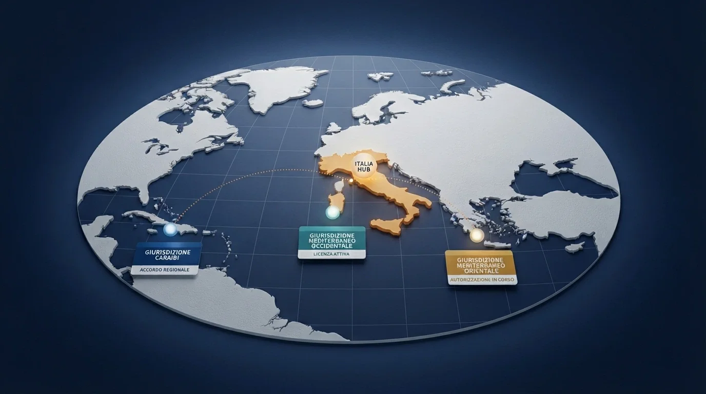 Una mappa stilizzata del mondo con evidenziate Malta, Curacao e Anjouan, collegate da linee tratteggiate all'Italia