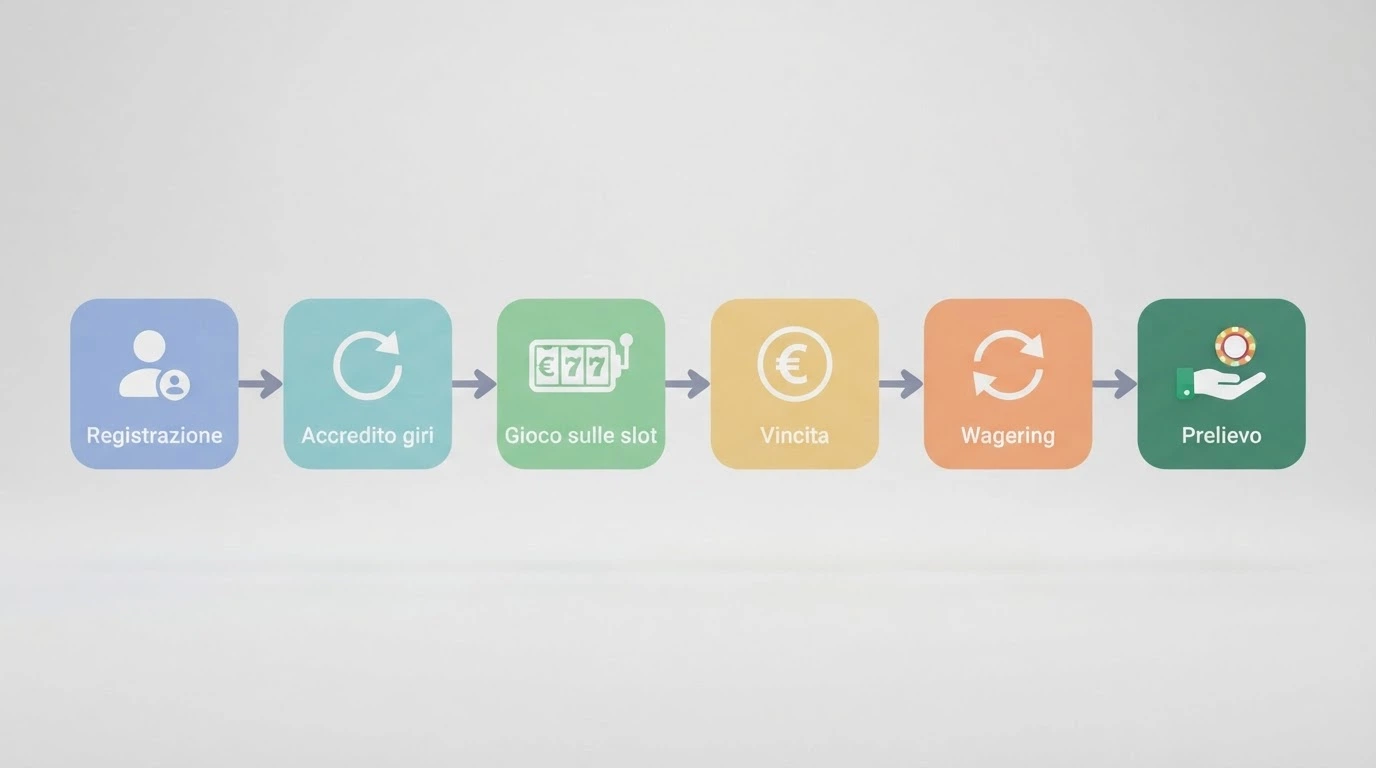 Diagramma che mostra il percorso: registrazione, accredito giri, gioco sulle slot, vincita, wagering, prelievo