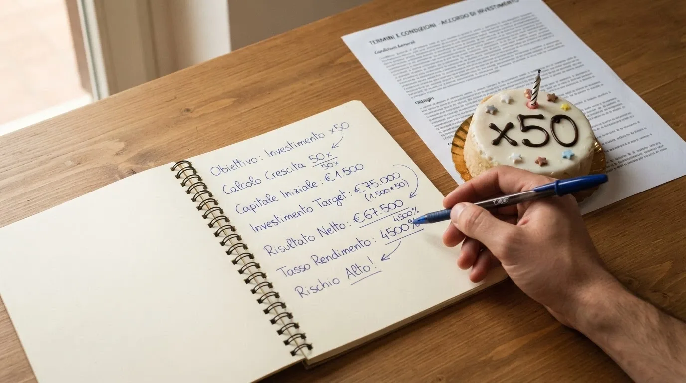 Una calcolatrice accanto a una torta di compleanno con sopra scritto un moltiplicatore «x50», su uno sfondo di termini e condizioni