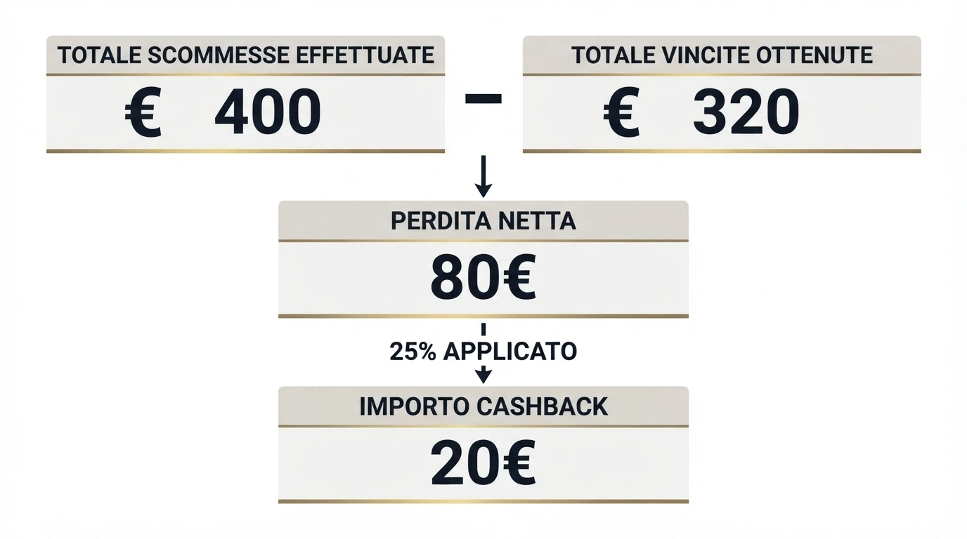Schema visivo che mostra il calcolo delle perdite nette: giocate meno vincite, con la percentuale di cashback applicata