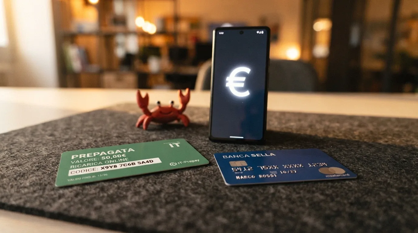 Portafoglio digitale, carta di credito e voucher Paysafecard disposti accanto alla griffe Bonus Crab
