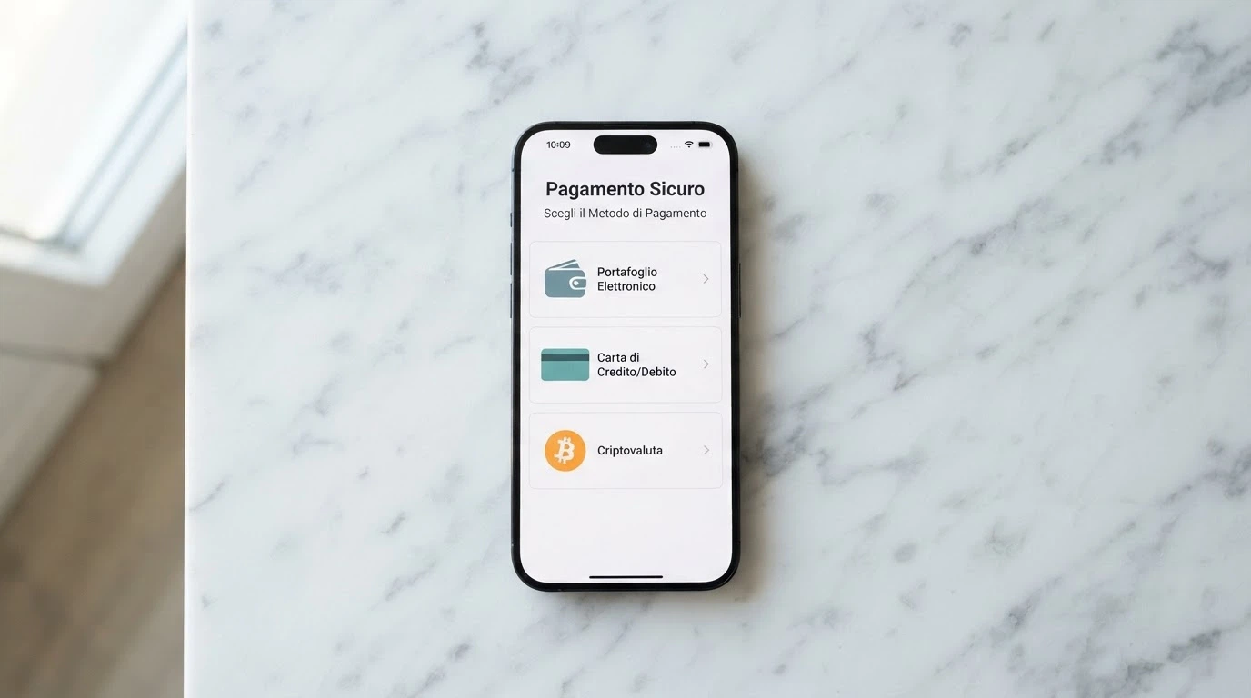 Schermata di checkout con vari metodi di pagamento: e-wallet, carte di credito e criptovalute affiancati