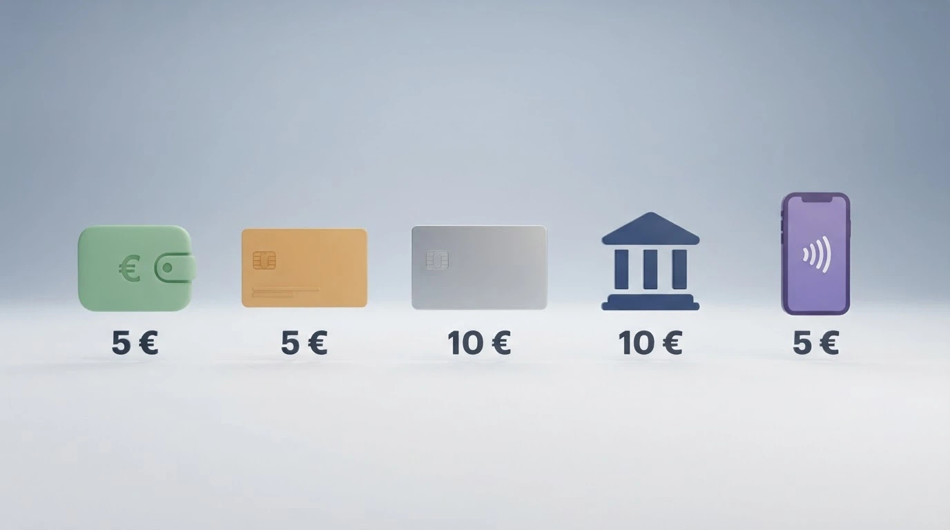 Le icone dei principali metodi di pagamento accettati nei casinò ADM (PayPal, Postepay, Visa, Skrill, Paysafecard) con l'indicazione della soglia minima accanto a ciascuna