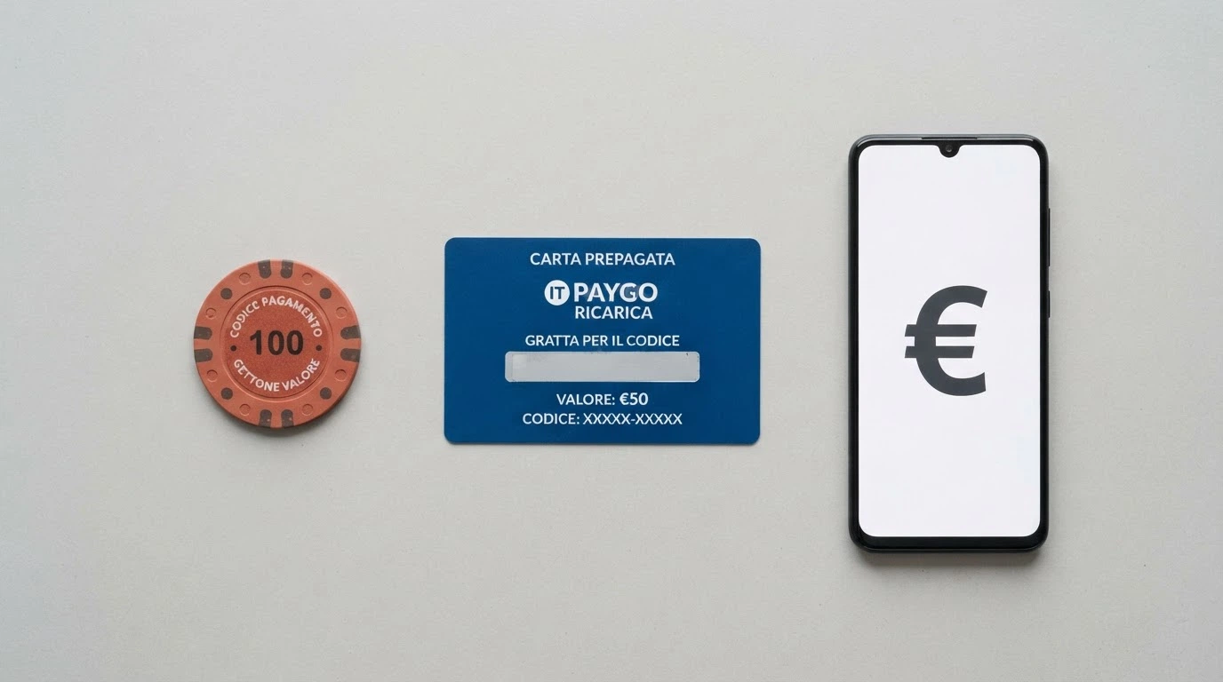 Una panoramica dei metodi di pagamento accettati dai casino ADM: loghi di PayPal, Postepay, Paysafecard, Skrill e una Scratch Card fisica
