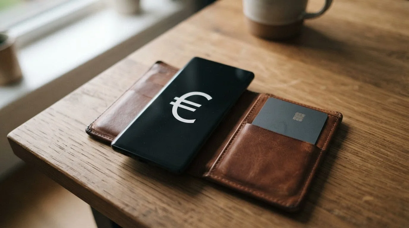 Uno smartphone appoggiato su un portafoglio aperto da cui spuntano carte di credito e la schermata di un'app di pagamento digitale