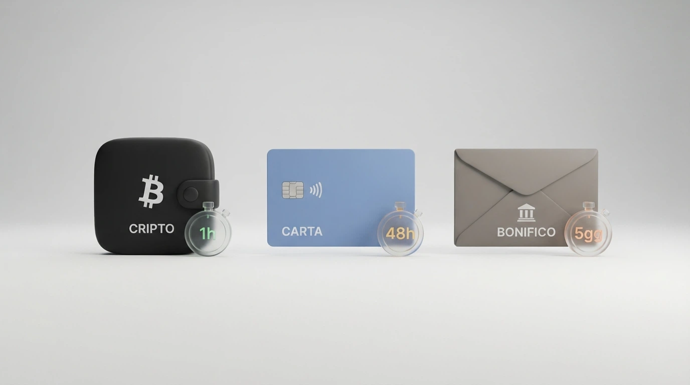 Tre icone affiancate — un wallet crypto, una carta di credito e un bonifico bancario — ciascuna con un cronometro che segna un tempo diverso: 1h, 48h, 5gg