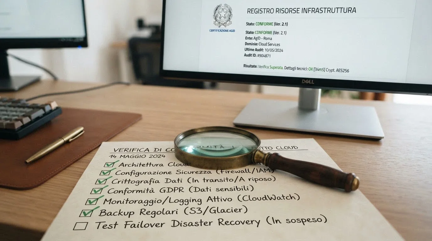Una lente di ingrandimento su una lista di criteri scritta a mano, con il sito adm.gov.it visibile sullo sfondo di un monitor