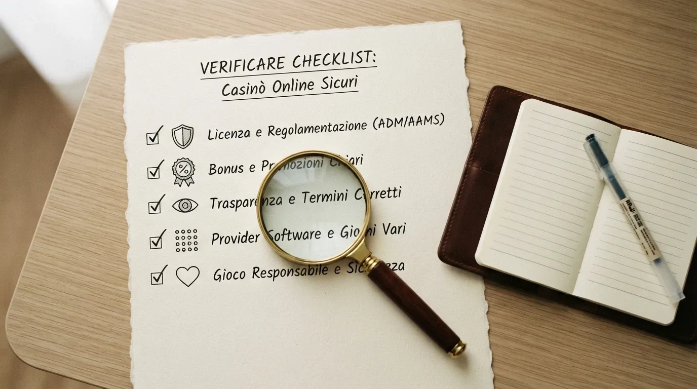 Una lente di ingrandimento su una lista di criteri (licenza, bonus, trasparenza, provider, gioco responsabile) con un blocco note accanto