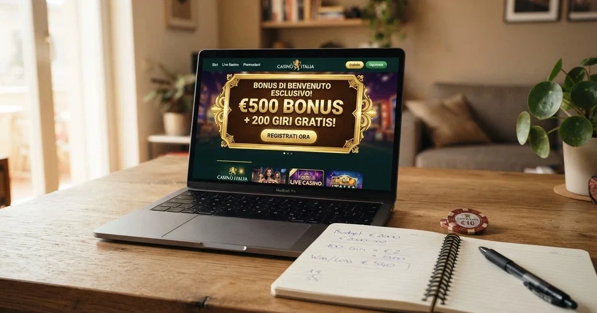 Uno schermo di casinò online con l'area bonus benvenuto in evidenza e una calcolatrice a fianco