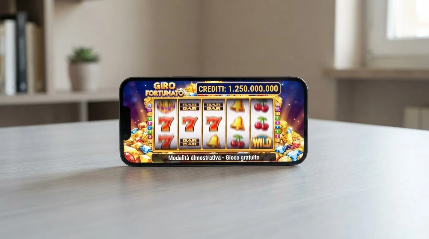 Una slot machine in modalità demo su un telefono Android, con il contatore dei crediti virtuali ben visibile e la scritta «modalità dimostrativa»