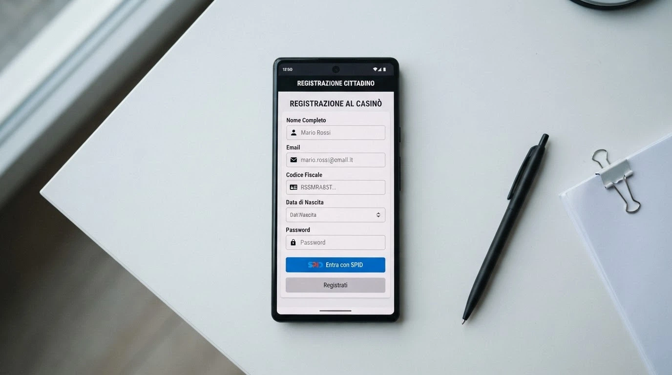 La schermata di un modulo di registrazione a un casinò online con i campi per nome, email, codice fiscale e il pulsante di accesso via SPID.