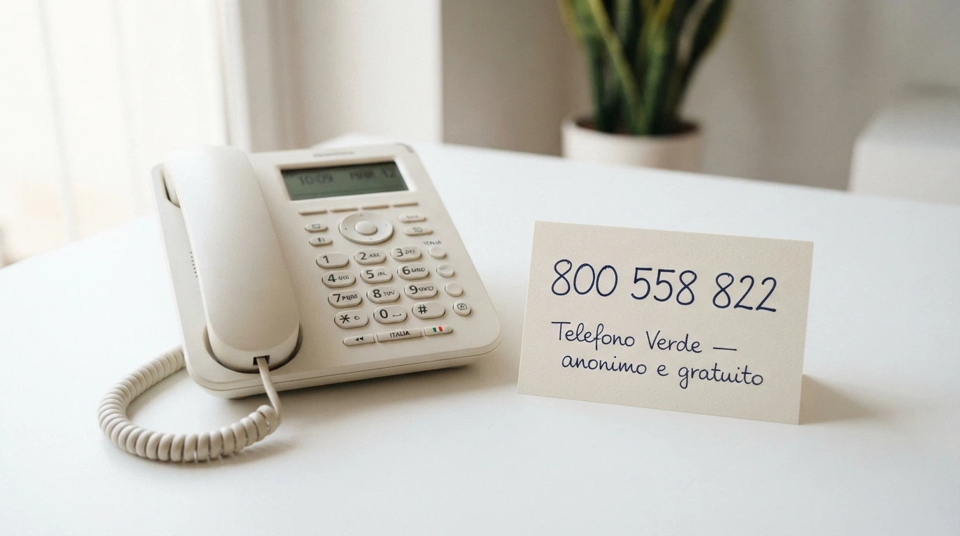 Un telefono fisso con accanto un biglietto che riporta il numero 800 558 822 e la scritta «TVNGA — anonimo e gratuito», su una superficie pulita e rassicurante