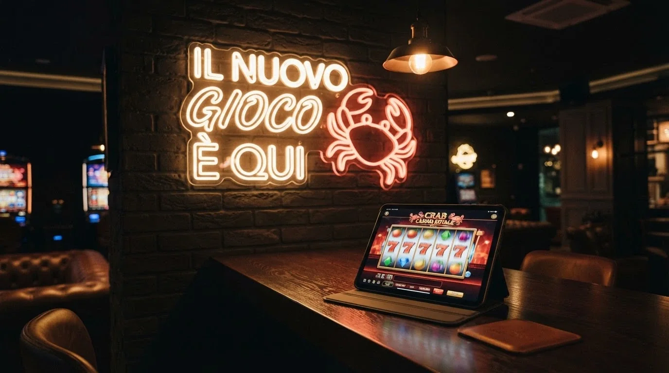 Insegna luminosa di un nuovo casinò online con il simbolo del granchio e la scritta «appena lanciato»