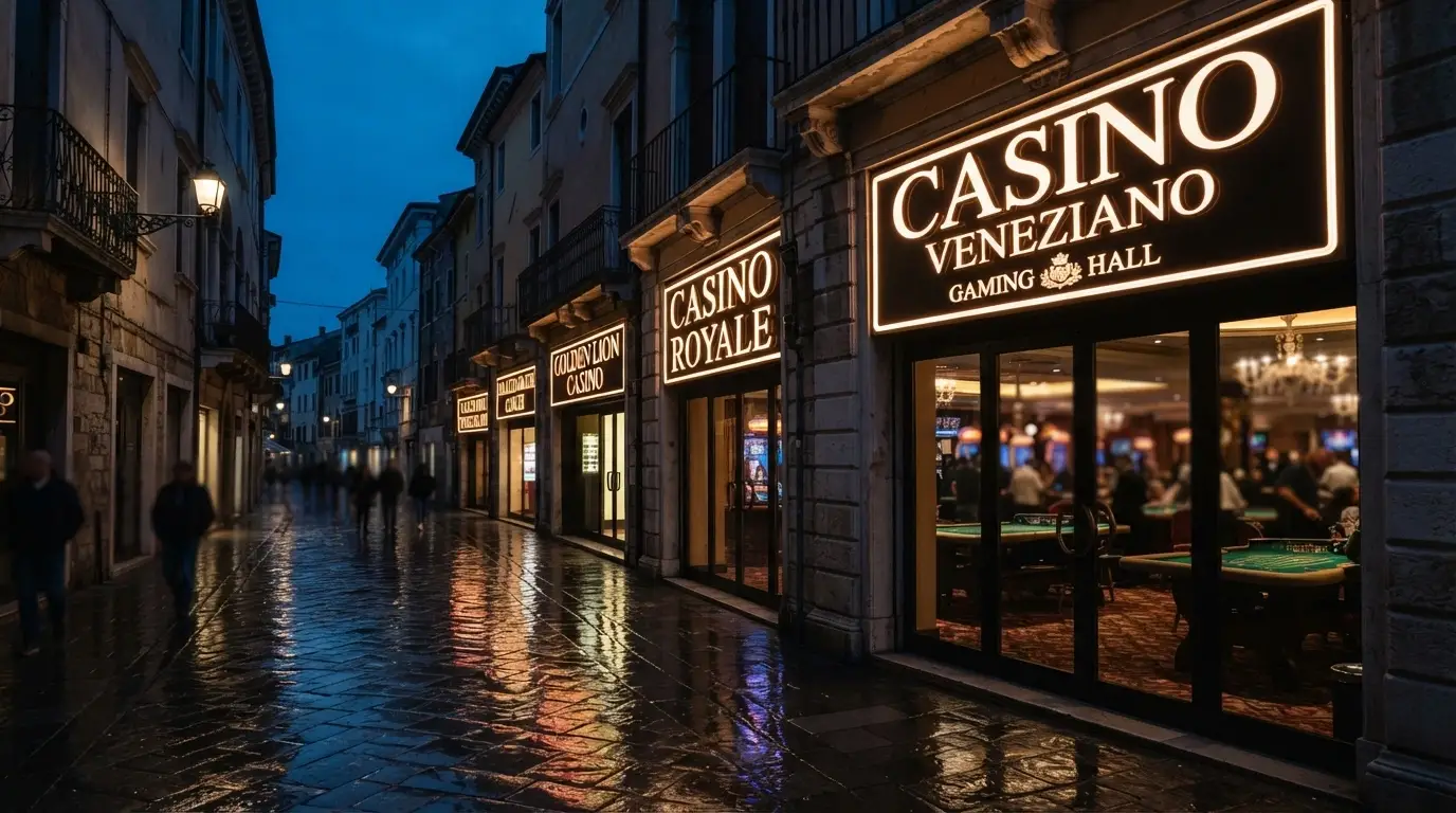 Una fila di insegne di casinò italiani illuminate, con lo sfondo di un tavolo da gioco sfocato