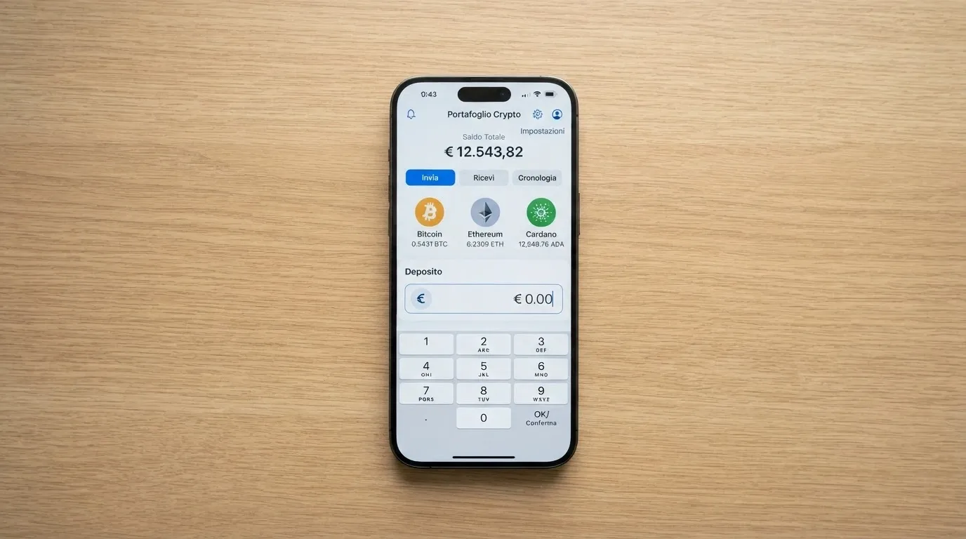 Uno smartphone che mostra un wallet crypto accanto alla schermata di deposito di un casinò online, con icone Bitcoin, Ethereum e USDT