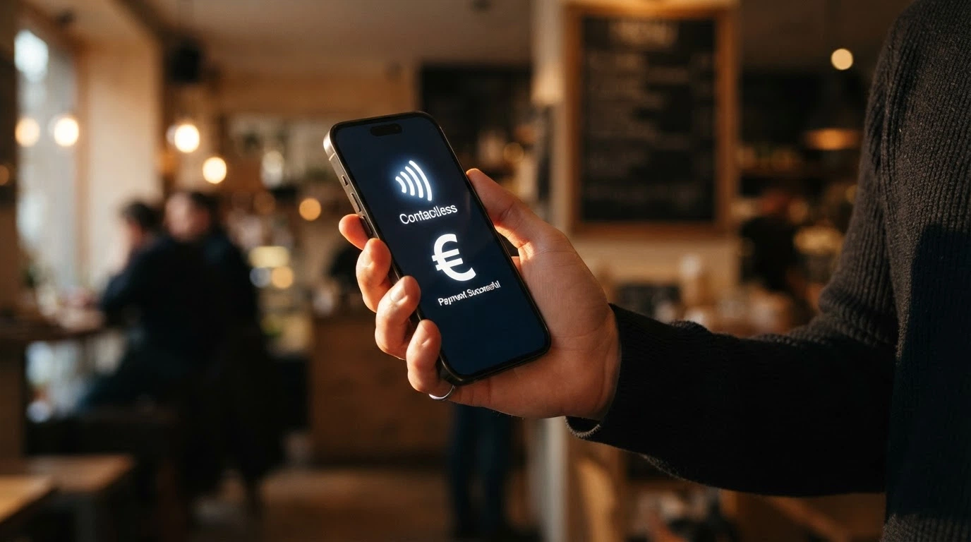Una mano che avvicina uno smartphone al terminale di pagamento virtuale sullo schermo di un casinò ADM, con l'icona Apple Pay illuminata