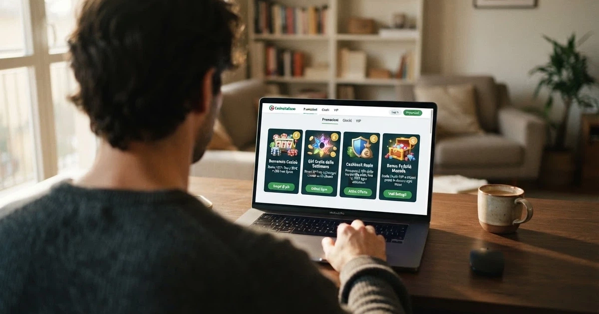 Primo piano di una schermata di casinò online con licenza ADM che mostra un pannello promozioni con diverse tipologie di bonus disponibili