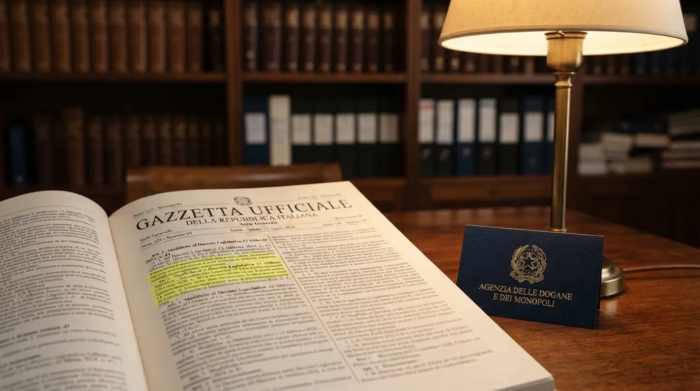 Un estratto della Gazzetta Ufficiale con evidenziato il riferimento al D.Lgs. 41/2024, affiancato dal logo dell'Agenzia delle Dogane e dei Monopoli