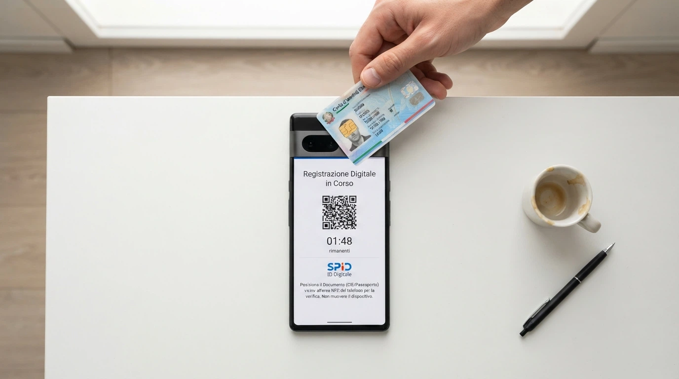 Uno smartphone con la schermata di registrazione di un casinò ADM e una CIE avvicinata al sensore NFC posteriore