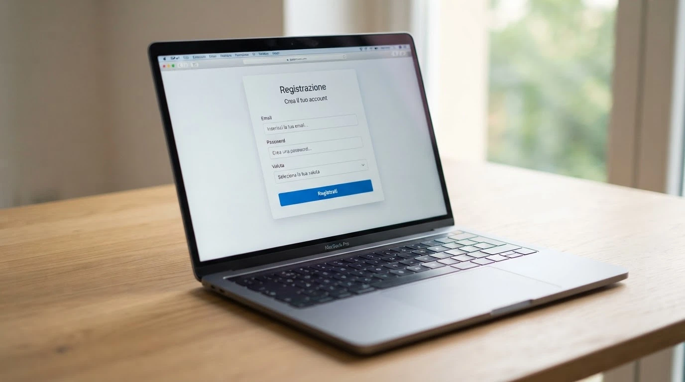 Una schermata di registrazione minimalista con solo i campi email, password e valuta, senza richieste di documenti