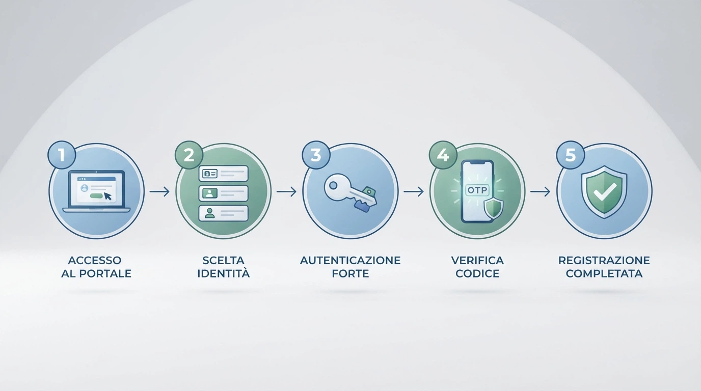 Una sequenza visiva di cinque icone che rappresentano i passaggi della registrazione SPID: scelta del casinò, selezione identity provider, login con credenziali, verifica OTP su smartphone, conferma e accesso al conto gioco.