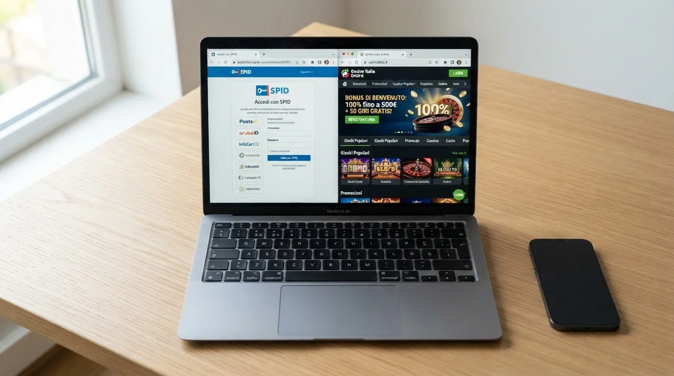 Schermata di login SPID su un computer portatile accanto alla homepage di un casinò online
