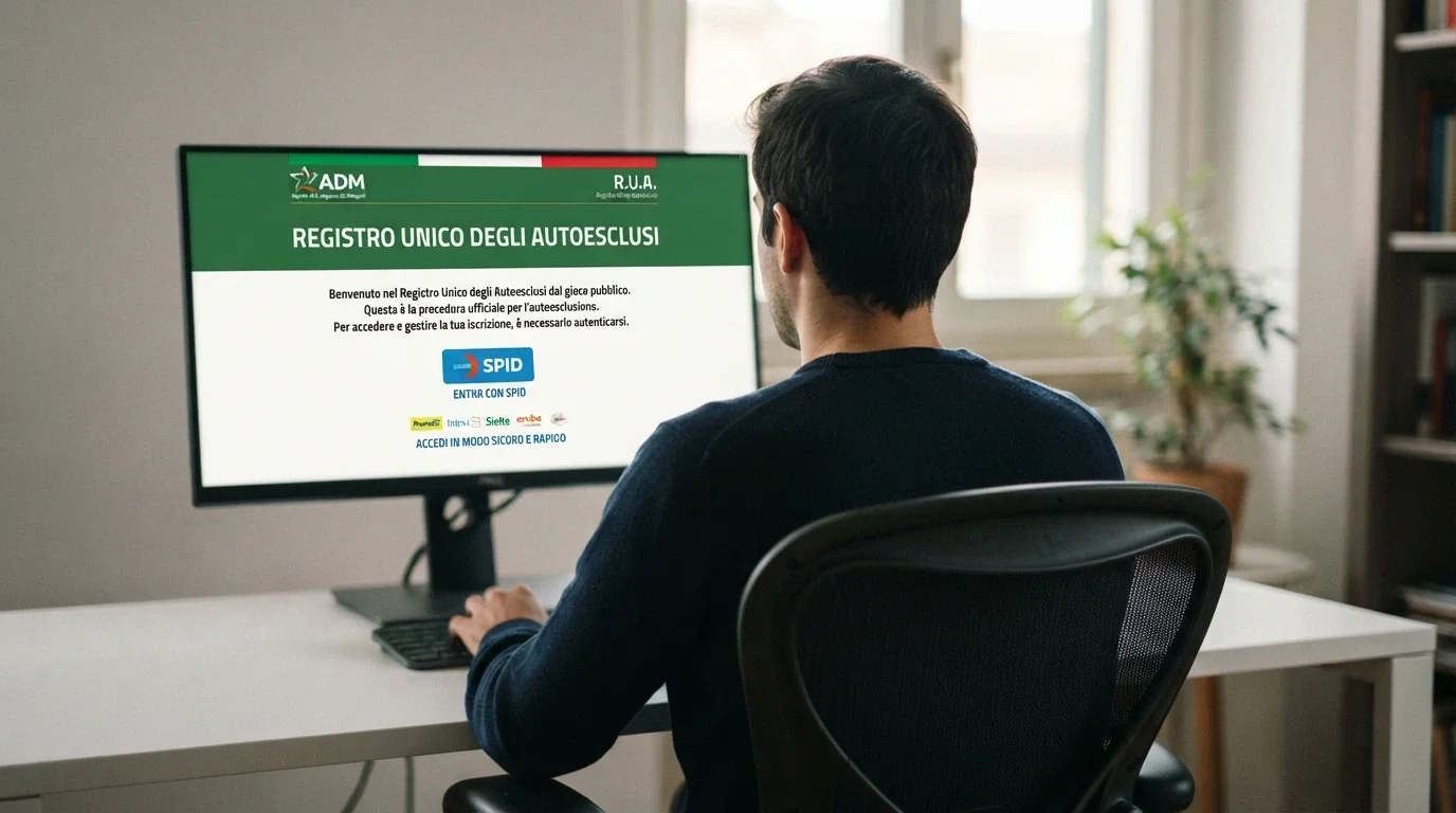 Una persona seduta davanti a un computer con lo schermo che mostra il portale ADM e la dicitura «Registro Unico degli Autoesclusi — Accesso con SPID»