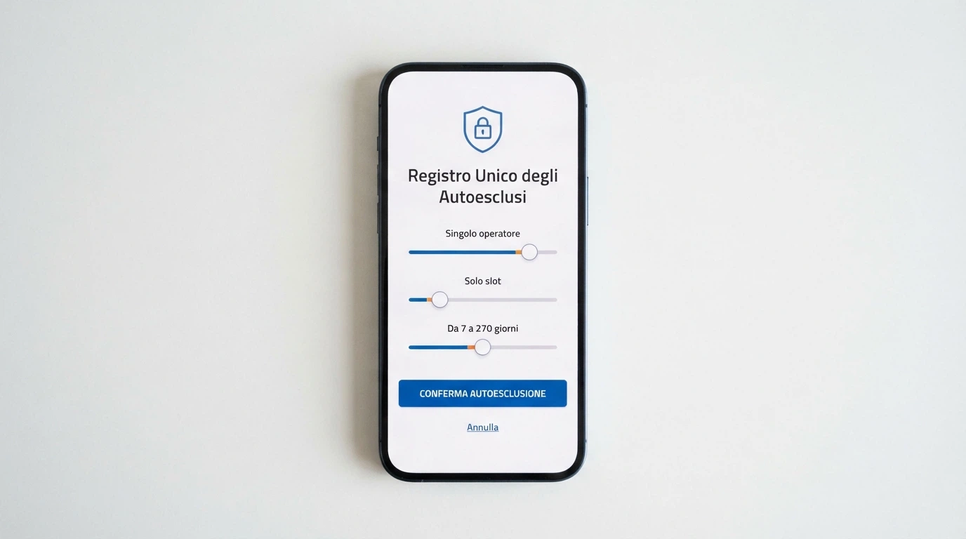 Uno smartphone con schermata di accesso SPID e la dicitura «Registro Unico degli Autoesclusi», con tre cursori: «Singolo operatore», «Solo slot», «Da 7 a 270 giorni»