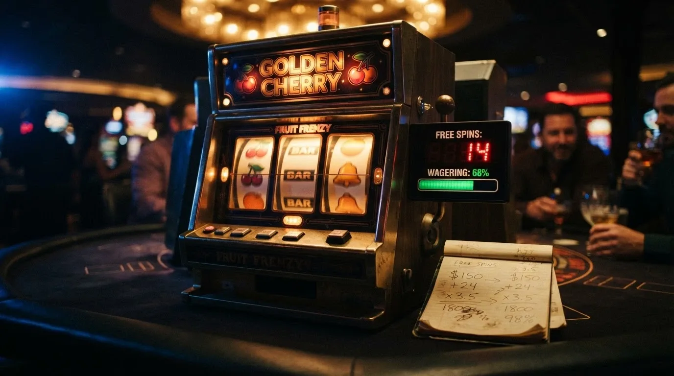Una slot machine stilizzata che mostra un contatore di giri gratuiti e una barra di avanzamento del wagering, con una calcolatrice accanto