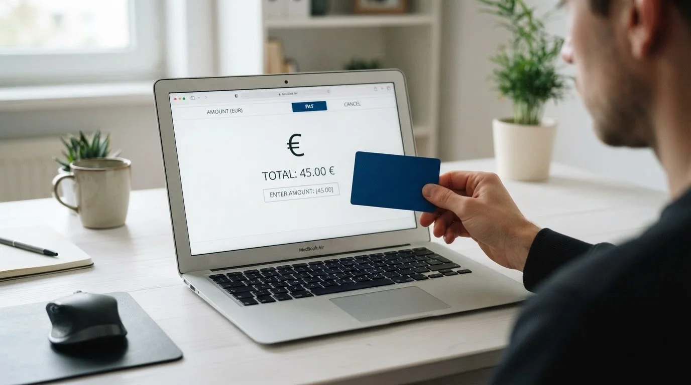 Una mano che inserisce una carta Postepay nel lettore di un computer portatile con il cashier del casino aperto