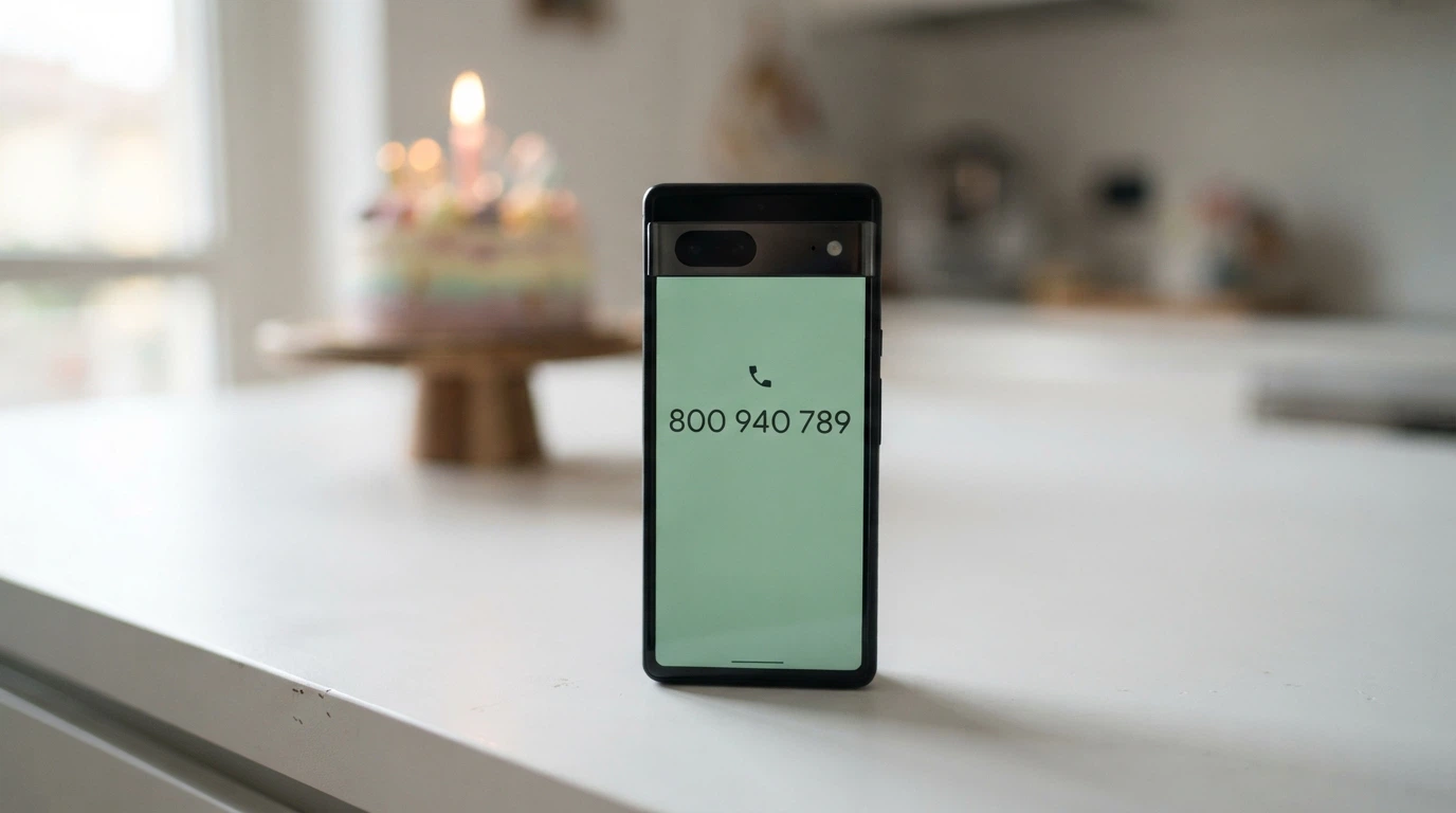 Un telefono con il numero verde 800 940 789 sullo schermo, accanto al logo del RUA e a una torta di compleanno in secondo piano sfocata