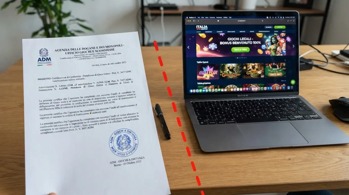 Un documento ufficiale con timbro ADM accanto allo schermo di un casinò offshore, separati da una linea tratteggiata rossa
