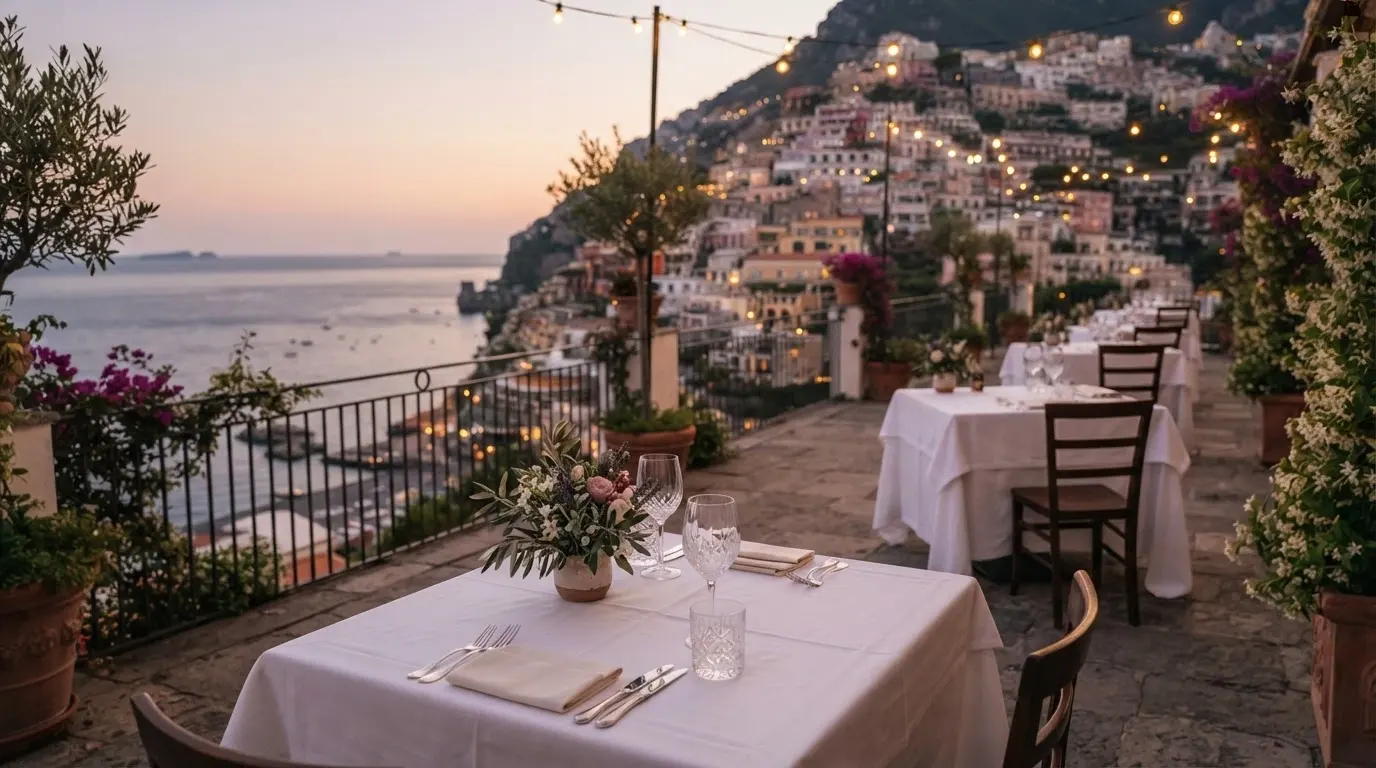 Terrazza del Roof Garden del Casinò di Sanremo con tavoli apparecchiati e vista sulla città