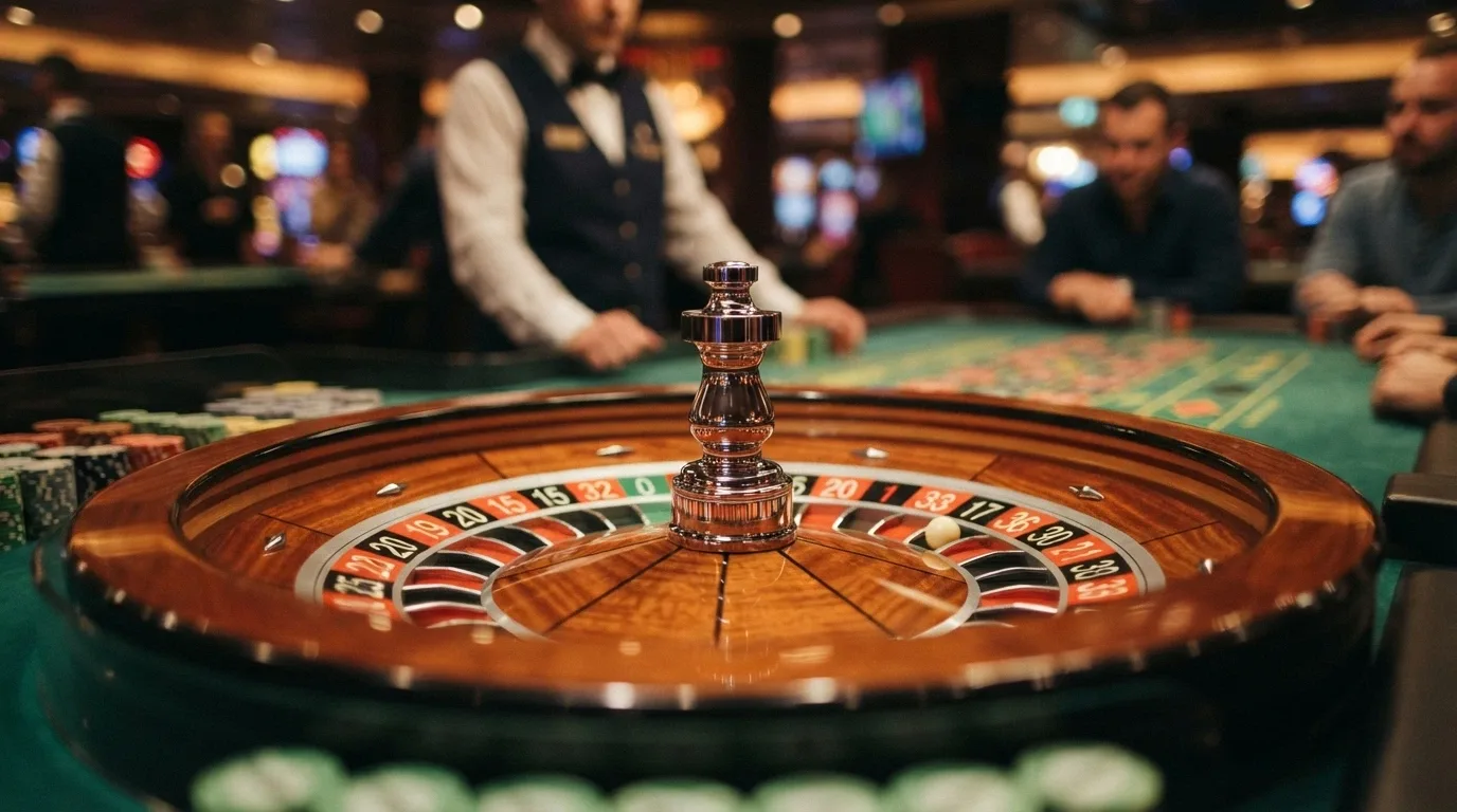 Primo piano di una ruota della roulette europea con un solo zero in un casinò live, croupier sullo sfondo