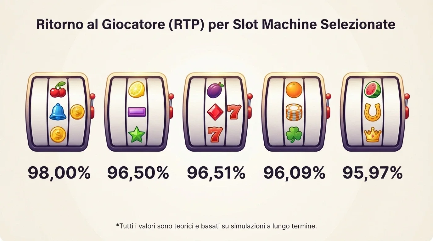 Una griglia di icone di slot popolari (Starburst, Book of Dead, Gates of Olympus) con i rispettivi valori di RTP in percentuale