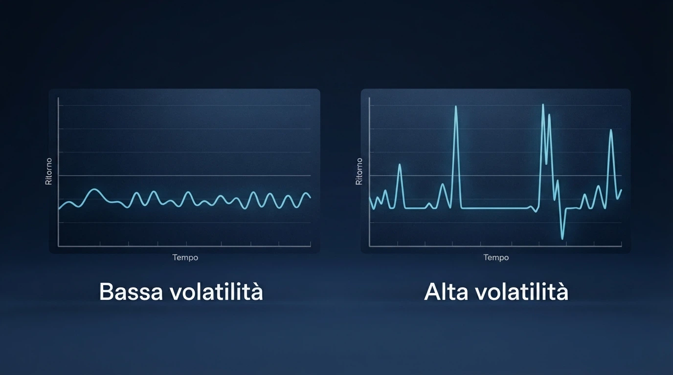Un grafico che mette a confronto due slot con lo stesso RTP ma volatilità opposta — una linea stabile accanto a una con picchi e cadute