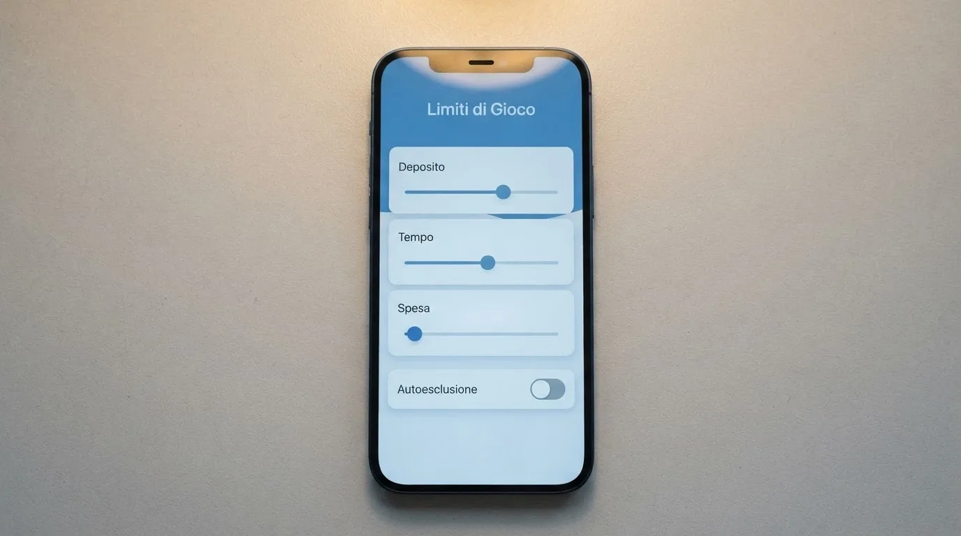L'interfaccia di un pannello di controllo con cursori per limiti di deposito, tempo e spesa, e un interruttore «Autoesclusione»