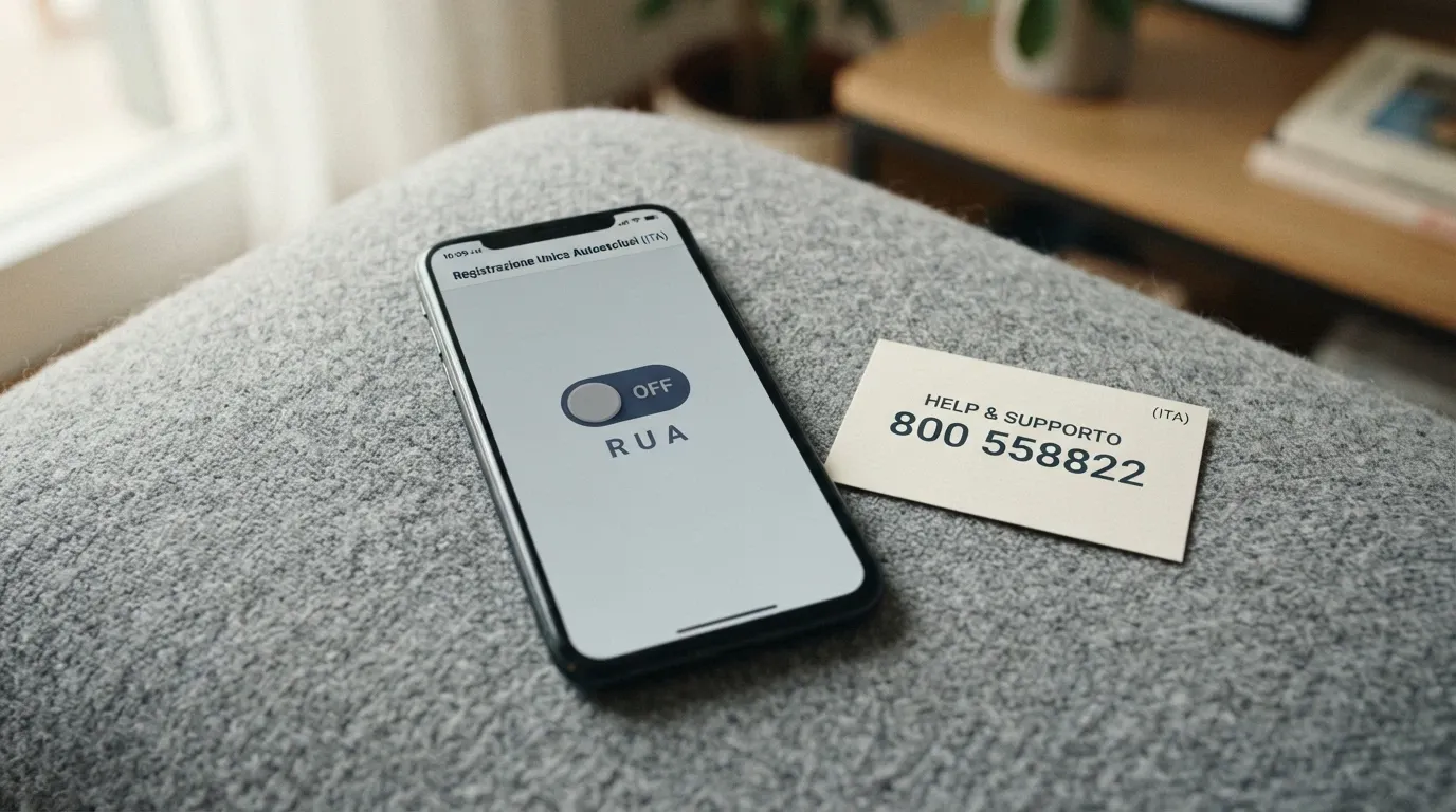 Un'interfaccia semplificata di autoesclusione con un interruttore «RUA — NON CONNESSO» in grigio accanto a un telefono con il numero 800 558822