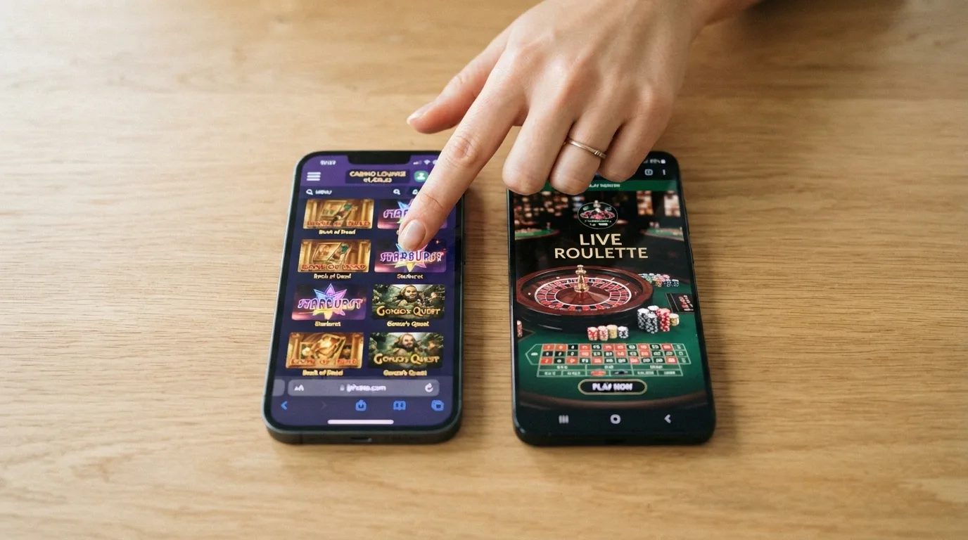 Due iPhone affiancati con due diverse app casinò aperte, una mano indica lo schermo di sinistra in un gesto di confronto.