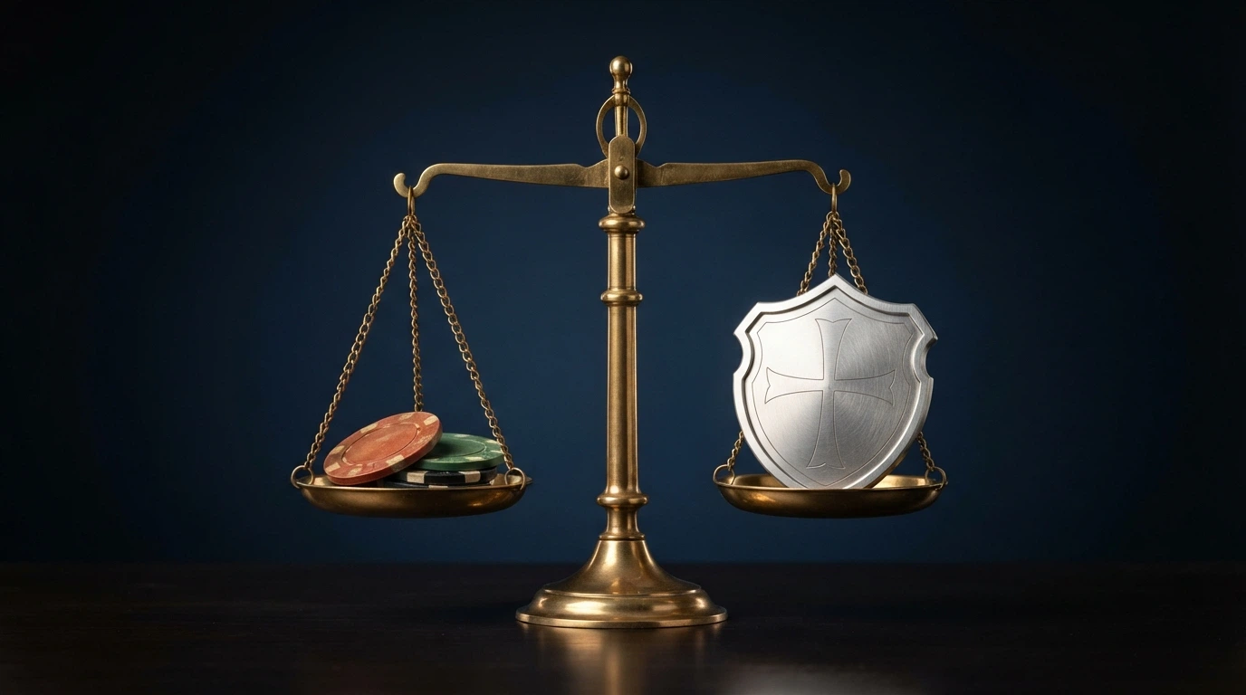Bilancia con monete Litecoin su un piatto e simbolo di scudo legale sull'altro