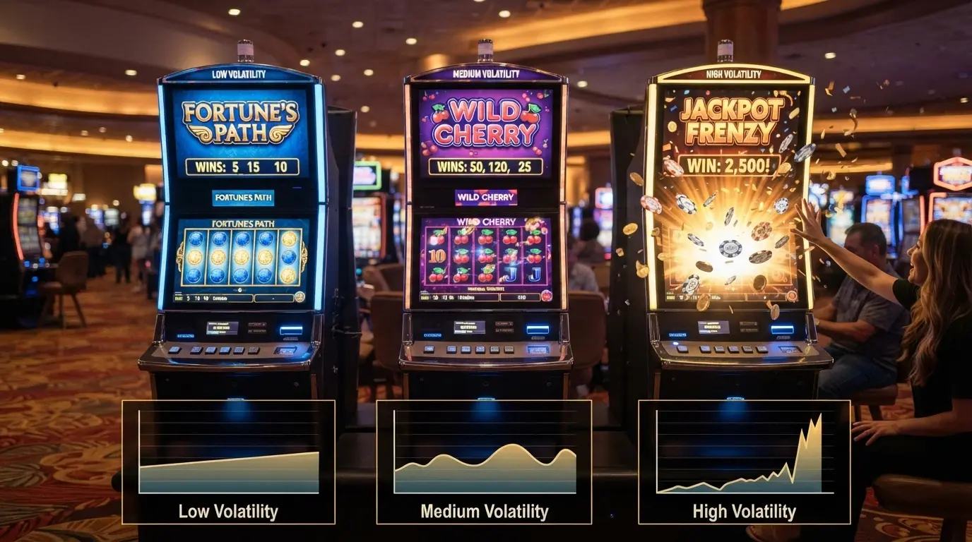 Tre slot affiancate — una a bassa volatilità con linea stabile, una a volatilità media con oscillazioni moderate e una ad alta volatilità con picco isolato — con il bankroll del giocatore rappresentato sotto ciascuna
