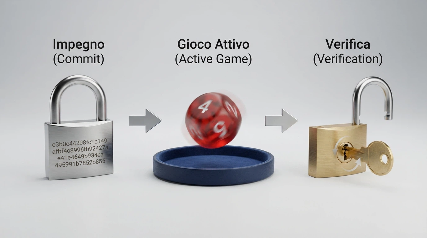 Un diagramma a tre fasi: un lucchetto con hash SHA-256 visibile (fase 1 «Prima del round»), una freccia verso un dado che ruota (fase 2 «Gioco»), una freccia verso una chiave che apre il lucchetto (fase 3 «Verifica»)