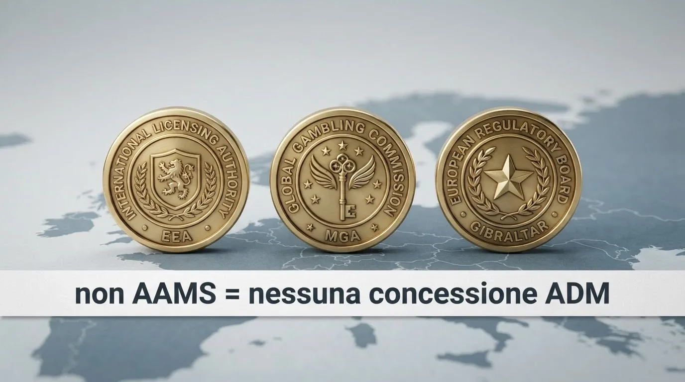 Tre sigilli di licenza internazionale su uno sfondo di mappa dell'Europa, con la scritta «non AAMS = nessuna concessione ADM» in evidenza in basso
