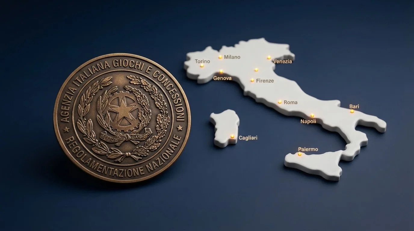 Il sigillo ufficiale ADM affiancato da una mappa dell'Italia con i puntini delle concessioni attive