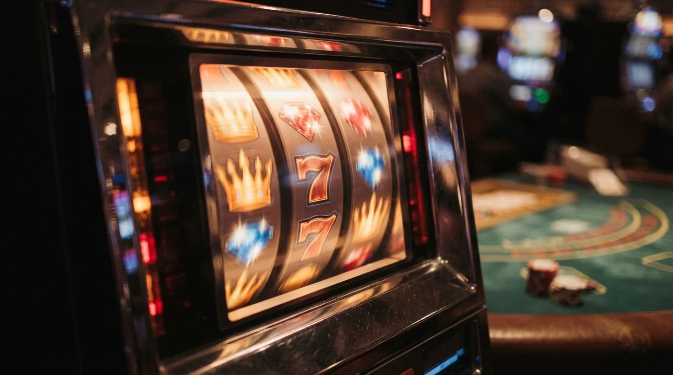 Il rullo di una slot machine con simboli dorati in primo piano, sullo sfondo un tavolo da blackjack